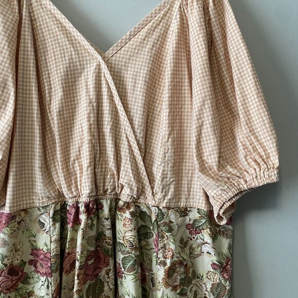 Handmade Plus Size Cotton Gingham Floral Multicolour Inseam Pockets V-Neck Dress - Picture 9 of 16